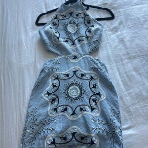 Mango Light Blue and Navy Embroidered Mini Dress